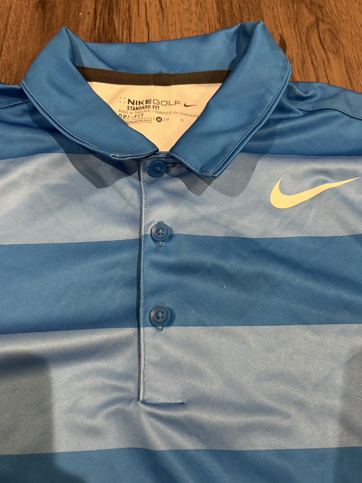 Nike Gold Dri Fit Blue Stripe Short Sleeve Shirt Men’s Medium gallery