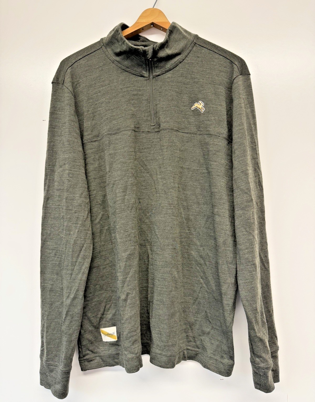 Tracksmith Downeaster Merino Wool Blend Olive Green 1/4 Zip Pullover Shirt XL gallery