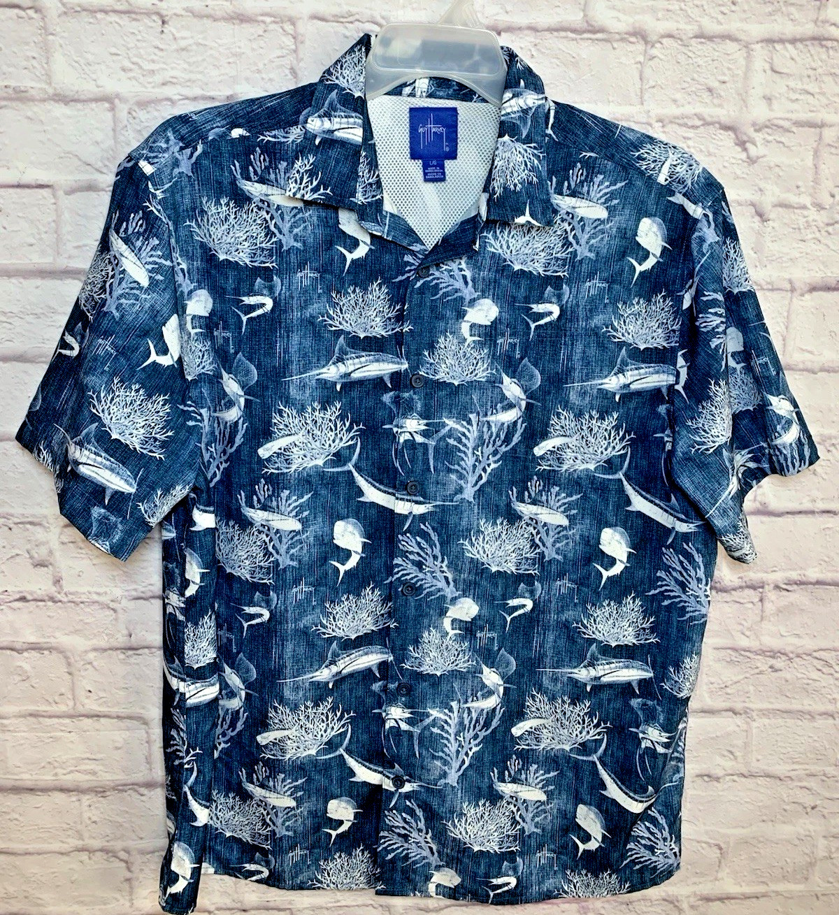 Guy Harvey Men’s LG Button-Up Blue Marlin Beach Glass Fishing Shirt Mesh Vented. gallery