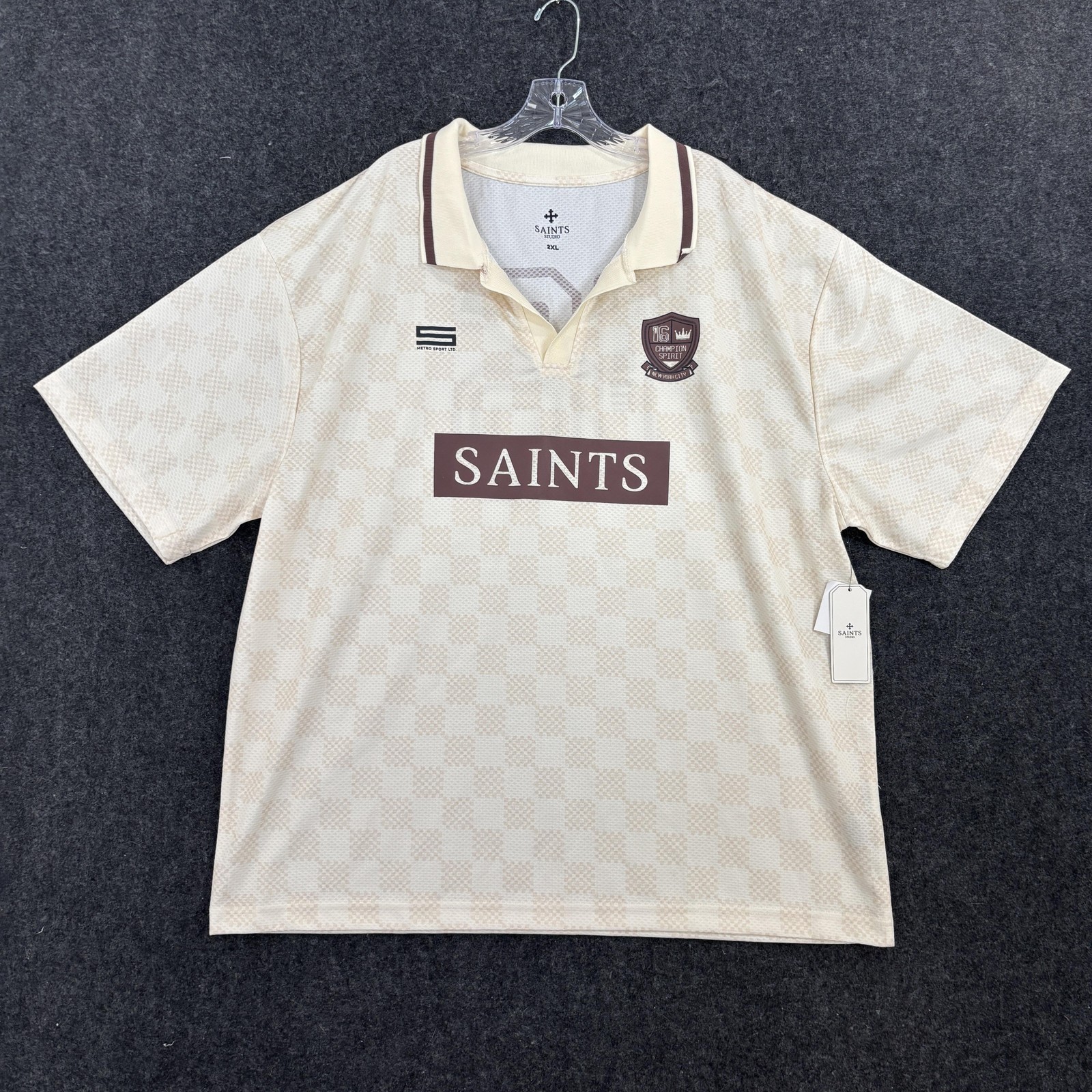Saints Studio Polo Shirt Men's XXL Beige Check Champion Spirit #16 Soccer Jersey gallery