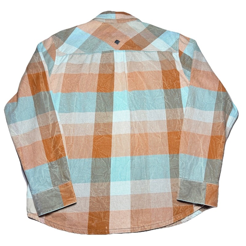 prAna Lybek Flannel Mens Medium Turquoise Orange Plaid Gorpcore Organic Cotton gallery