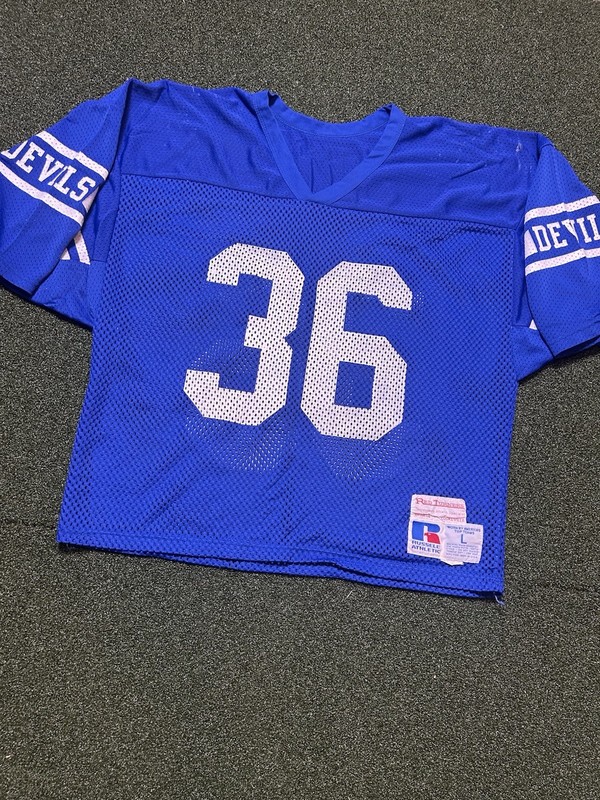 Vintage Russell Athletic Mesh Jersey Football Size L Blue Devils Made In USA 80s gallery