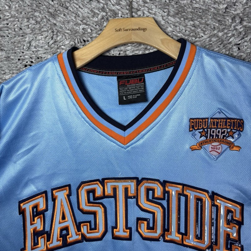 FUBU Jersey Mens Large EASTSIDE Blue 2005 V-Neck Heavyweight 50 Cent Y2K Hip Hop gallery