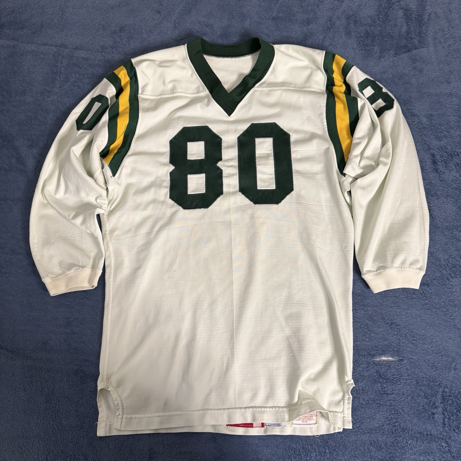 60-70s Rawlings White Green And Yellow Football Jersey Size 42 Number 80 gallery