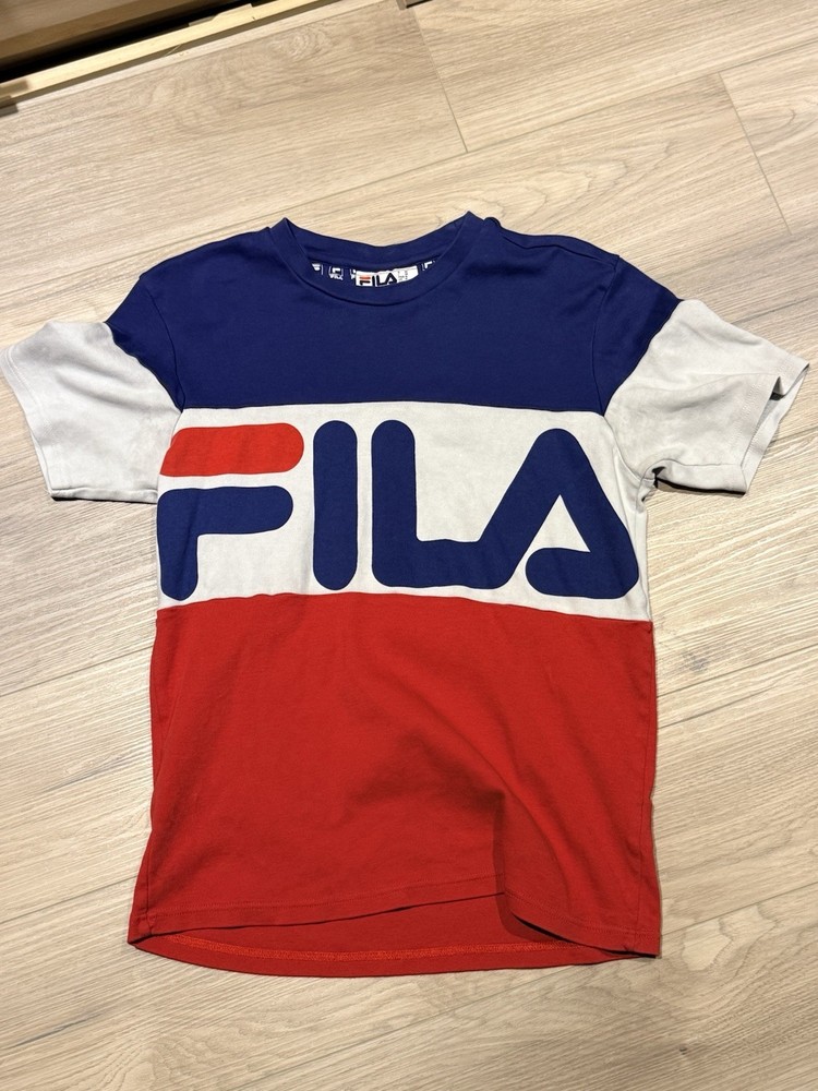 FILA Color Block Mens Short Sleeve Sz Medium M Spell Out - Red White Blue