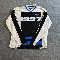 Forever 21 Jersey Mens L Black White Blue Moto Sport Racing Mesh Long Sleeve