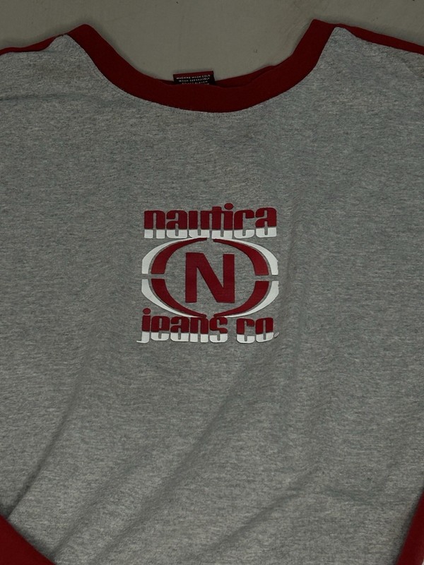 VTG Nautica Jeans Company Gray Red White Long Sleeve Crew Neck T-Shirt XL gallery
