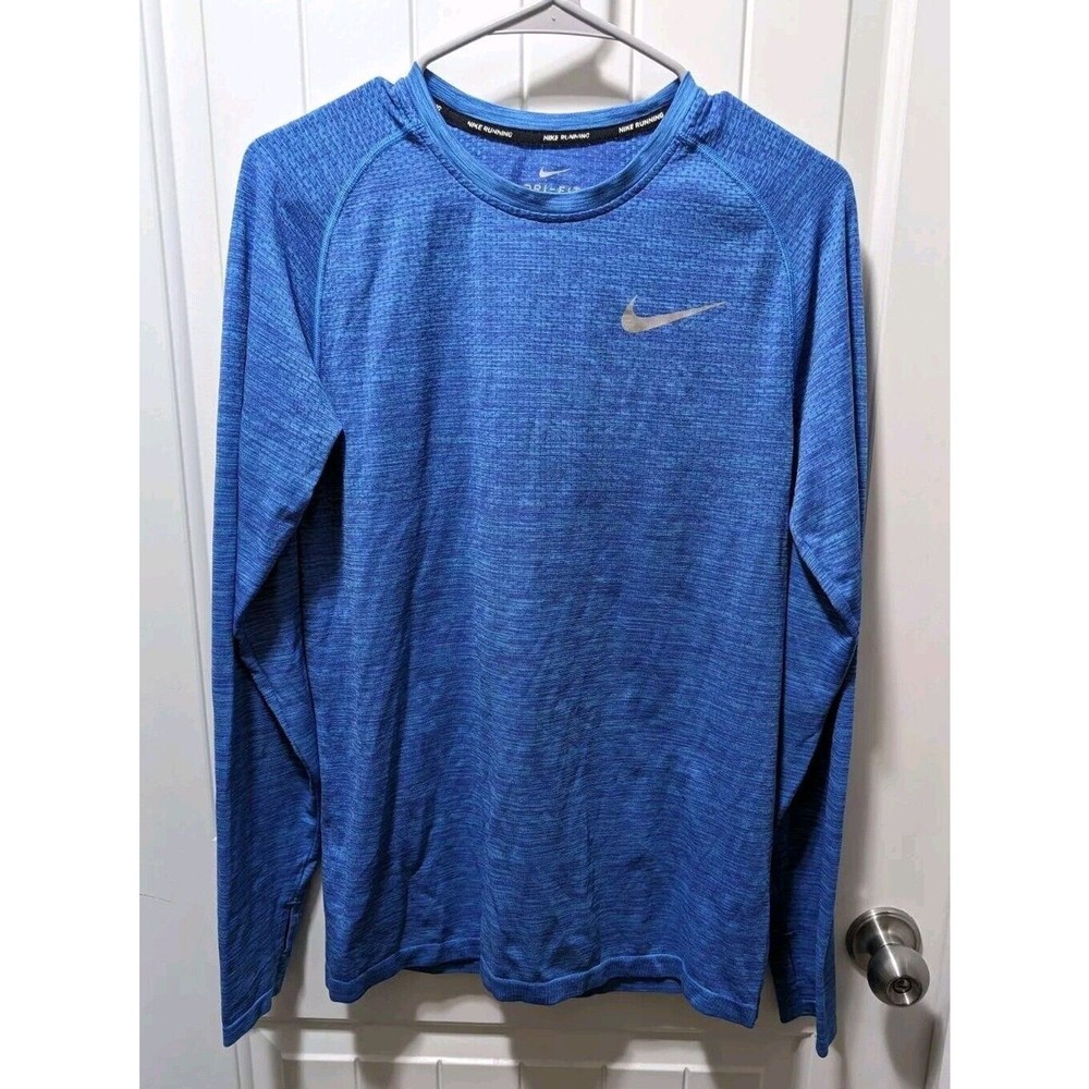 Nike Dri Fit Men's Running Shirt Size S Blue Long Sleeve Mini Swoosh Activewear