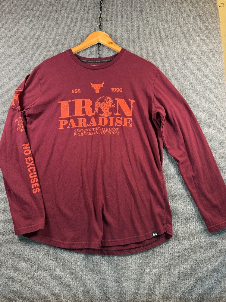 Under Armour Project Rock Iron Paradise Long Sleeve Shirt Mens L Burgundy Crew