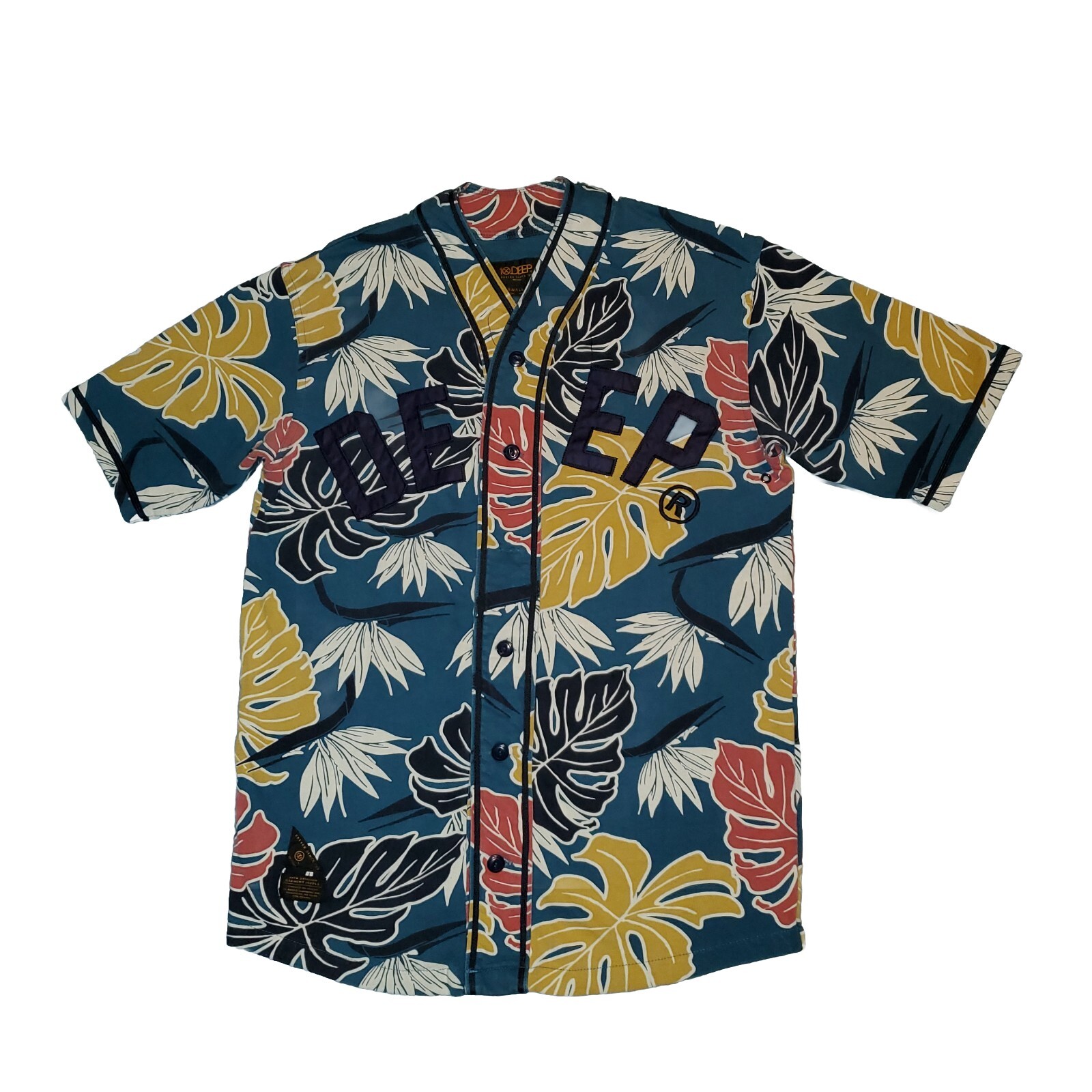 Size SMALL Mens 10 Deep Floral Baseball Jersey AOP Birds Of Paradise Blue EUC gallery