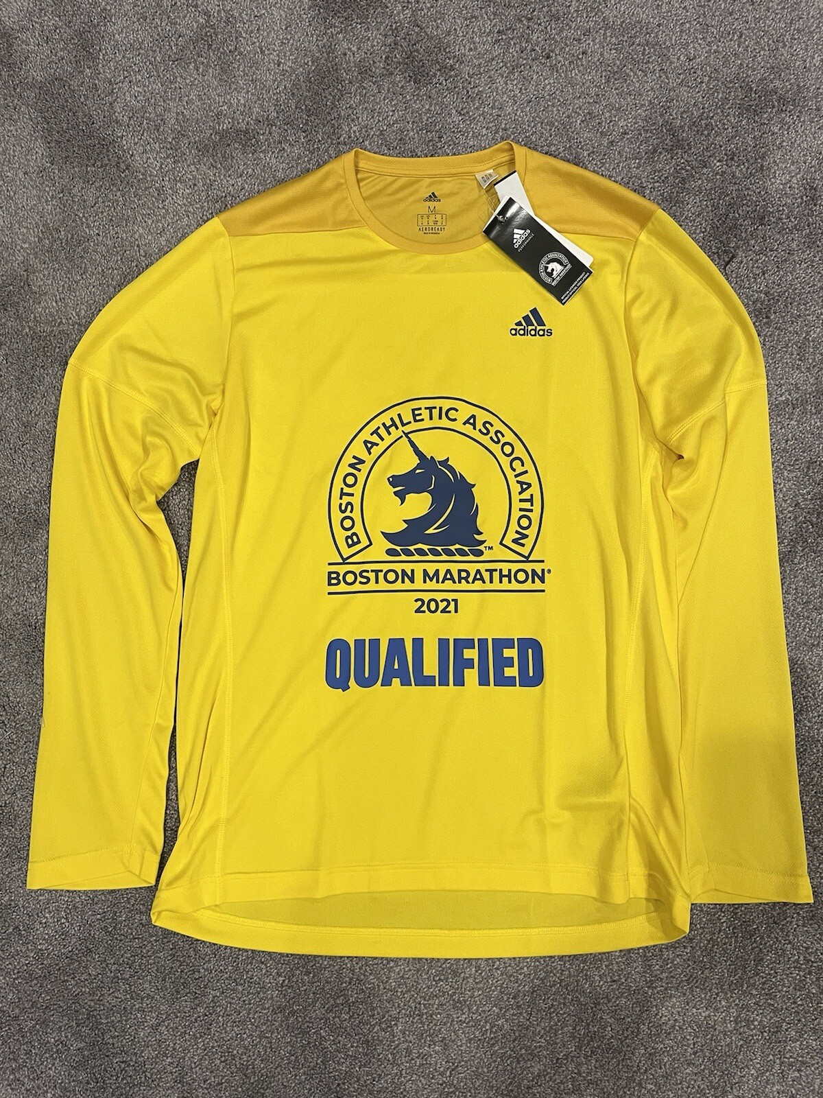 Adidas 2021 Boston Marathon Qualified Qualifiers LS Shirt Yellow Men Size Medium gallery