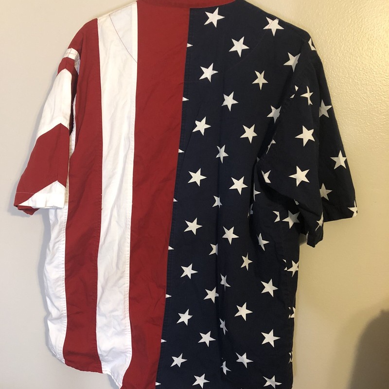 Mens Red Head Short Sleeve Button American Flag Stars Striped Shirt USA Size L gallery
