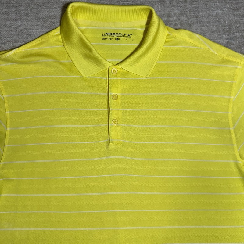 NIKE GOLF DRI FIT TOUR PERFORMANCE Yellow Striped Polyester Polo Swoosh Men L gallery