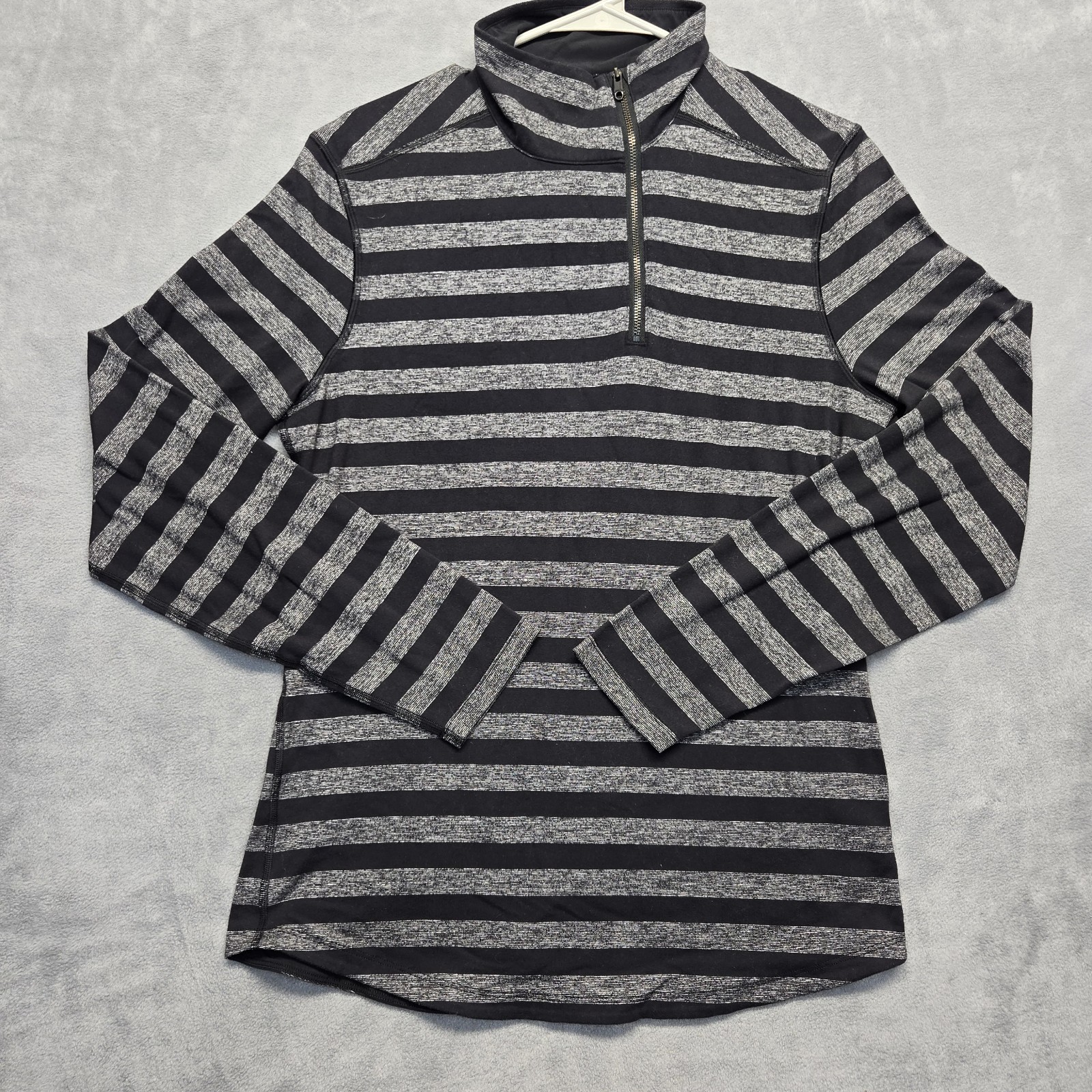 Lululemon Men's Medium? Asymmetrical Black And Gray Striped 1/4 Zip Longsleeve gallery