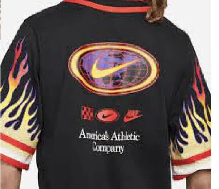 Nike Americana Top Flames Button Shirt Black Orange MSRP $85 DV9642-010 Size S gallery
