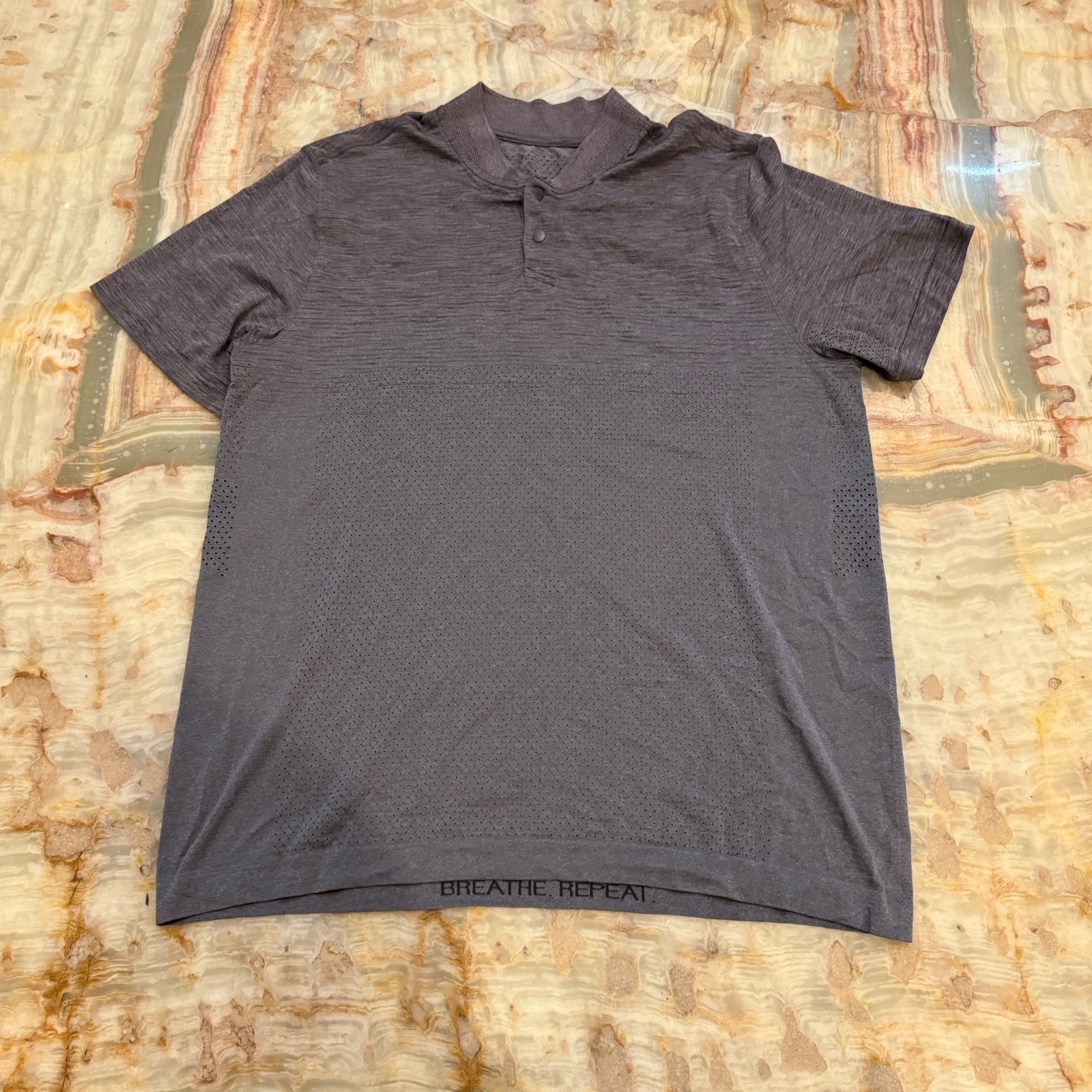 Lululemon Mens Breathe Repeat Short Sleeve Training Shirt Gray Perforated Size L gallery
