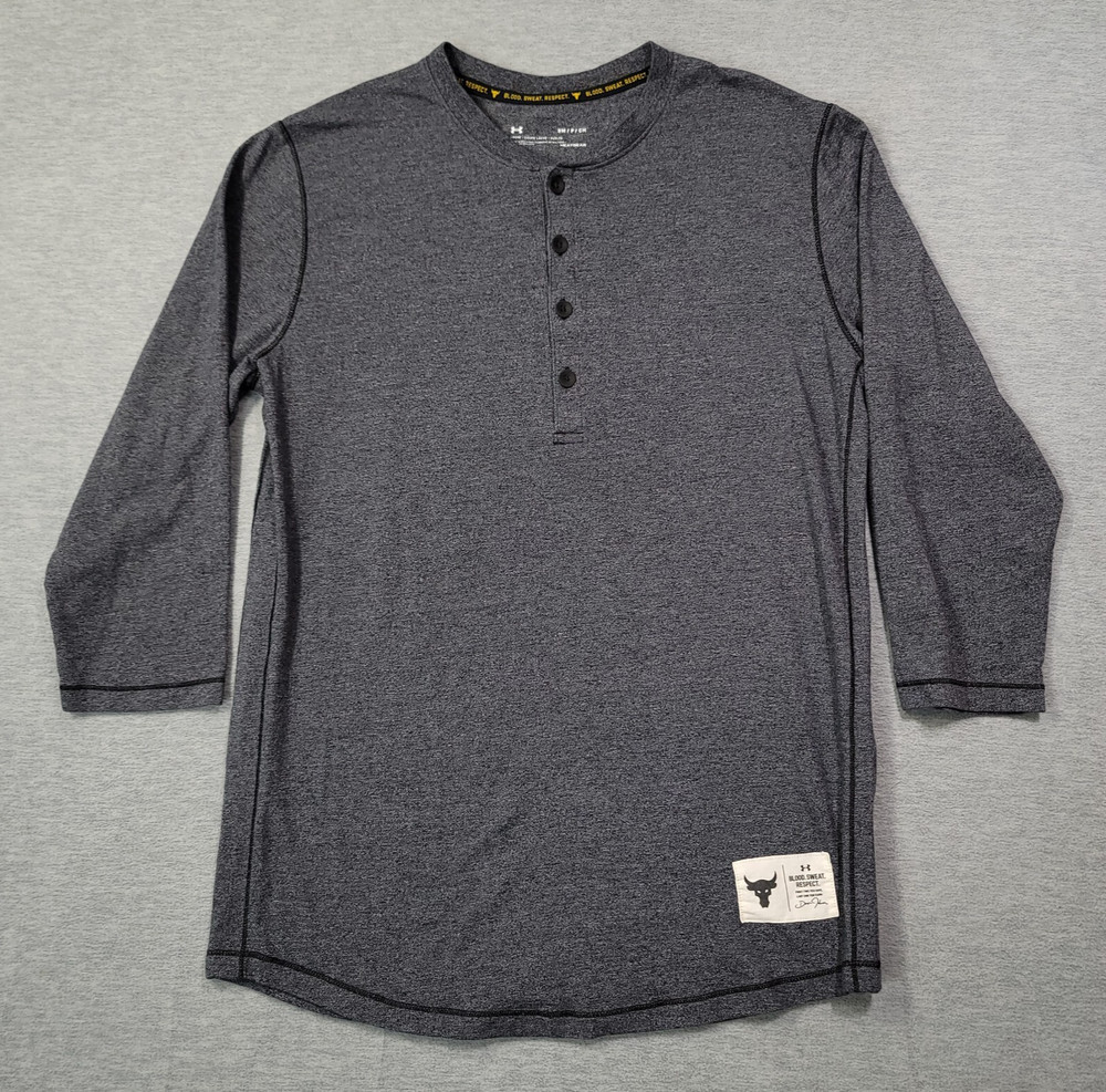 Under Armour T-Shirt Men's Small Gray Project Rock Henley 3/4 Sleeve Raglan