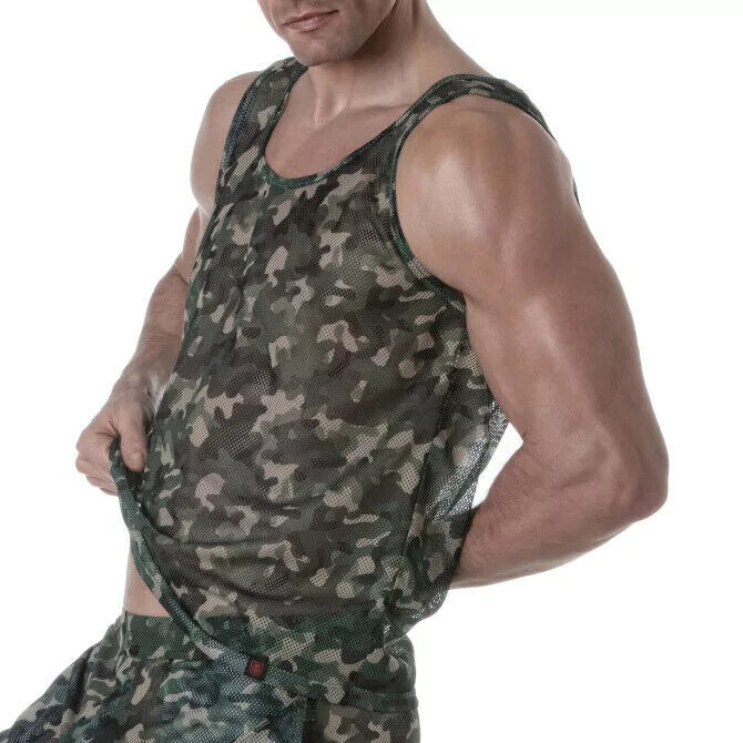 TOF PARIS Camo See Through Sheer Mesh Tank Top Khaki 17 gallery