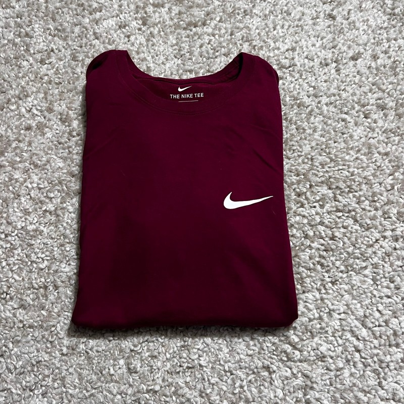 Nike Shirt Mens Medium Maroon Dri Fit Logo Runner Gym Workout Casual Stretch Tee gallery