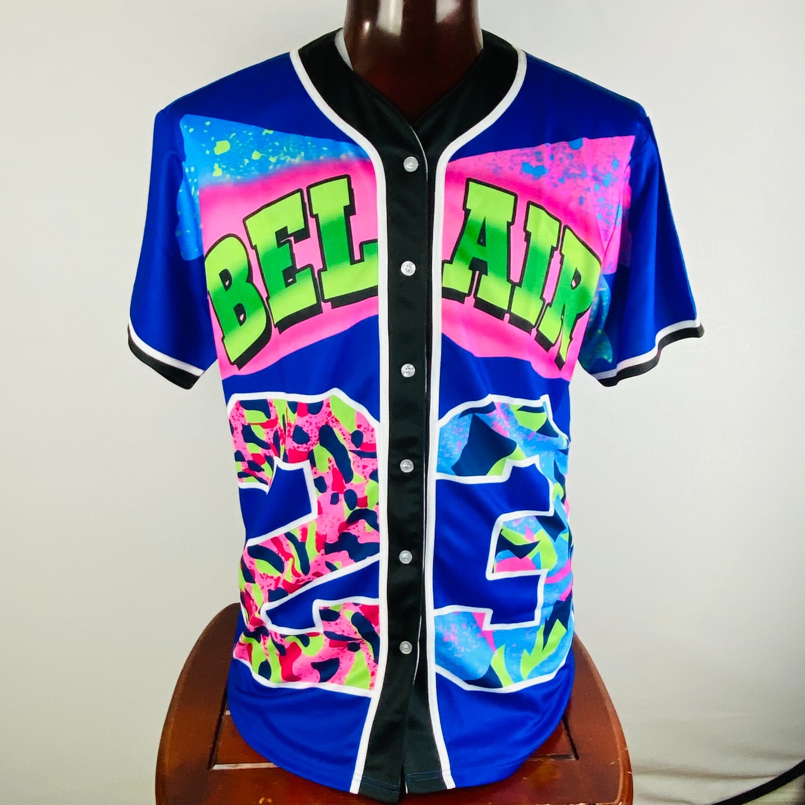 Belair Men's XXL 2XL Blue Button Down Short Sleeve Baseball Jersey Number 23 gallery