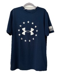 Under Armour T-Shirt Mens M Freedom Logo Navy Blue Stars Flag Loose Fit HeatGear
