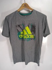 Adida Men’s T Shirt Gray Yellow Logo Short Sleeve Crewneck