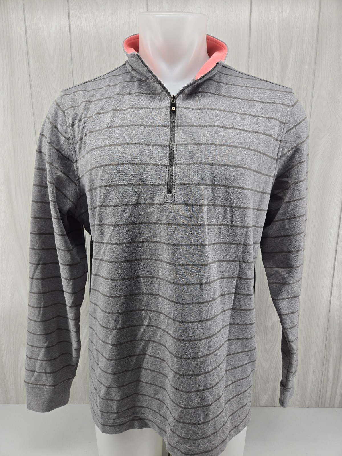 Footjoy 1/4 Zip Golf Performance Sweatshirt Men's XL Gray Striped Pink Collar gallery