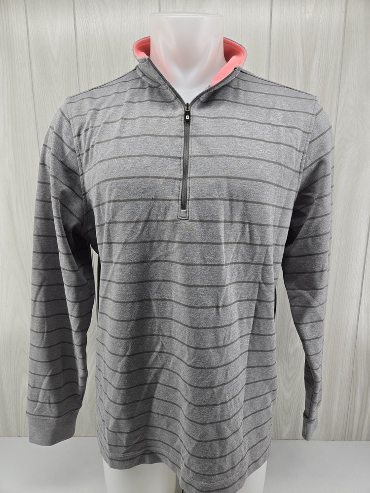 Footjoy 1/4 Zip Golf Performance Sweatshirt Men's XL Gray Striped Pink Collar