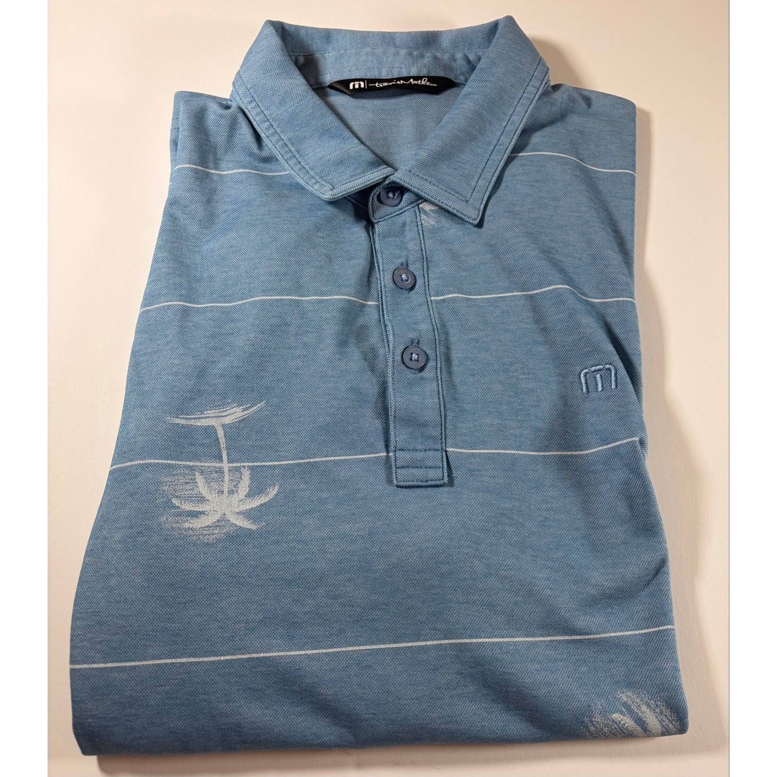 TravisMathew Men’s Medium Blue Striped Golf Polo Shirt Performance Casual gallery