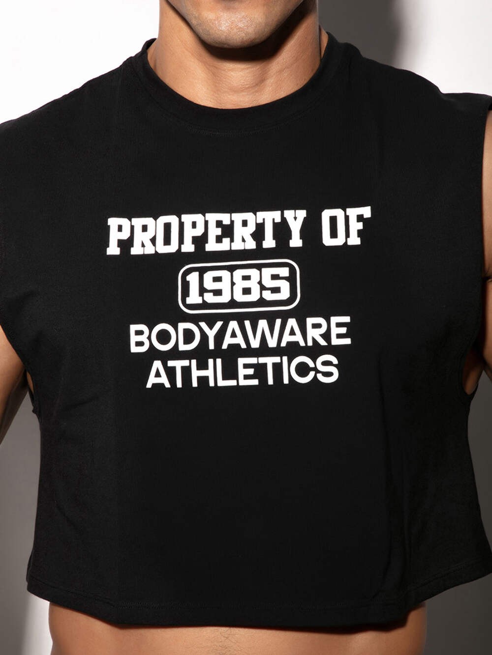 Body Aware Varsity 85 Crop Top for Men (Black) - Sexy Athletic Clothes for Guys gallery
