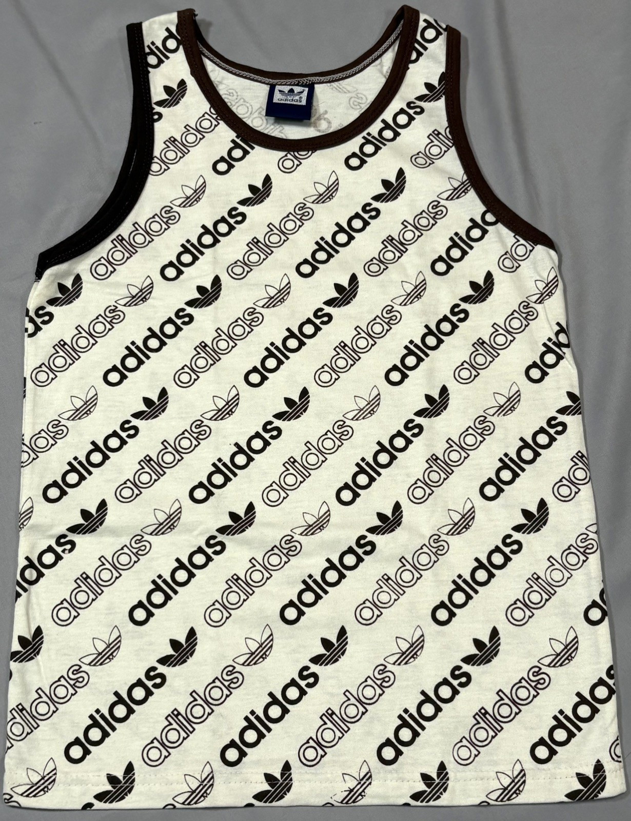 Vintage Adidas Trefoil Tank Top 70s 80s Brown Trim Men’s Small All‑Over Logo gallery