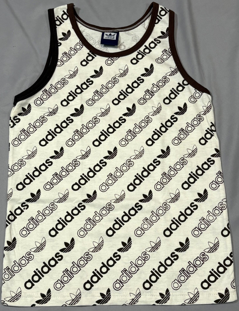 Vintage Adidas Trefoil Tank Top 70s 80s Brown Trim Men’s Small All‑Over Logo