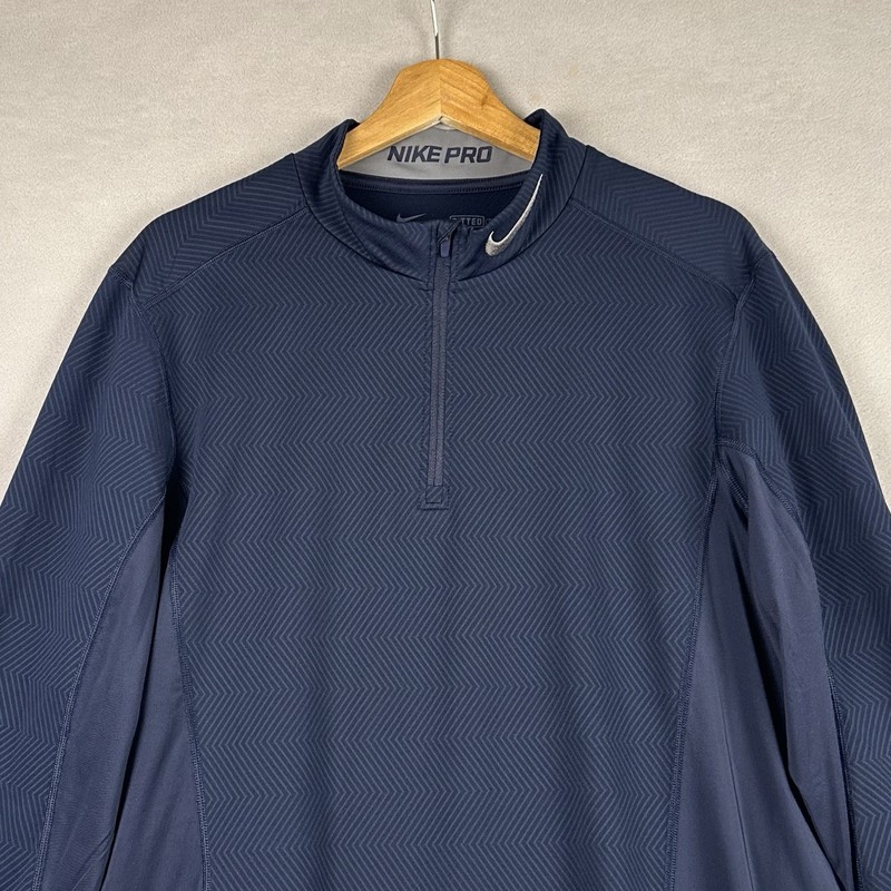Nike Pro Dri-FIT 1/4 Zip Fitted Athletic Training Shirt Mens XL Blue Thumb Holes gallery