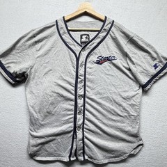 Starter Baseball Jersey Shirt Mens XL Gray Navy Button Embroidered Athletics