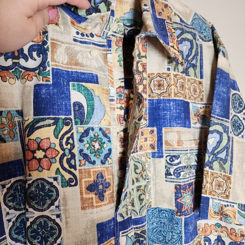Reyn Spooner Button Placket Pull Over Short Sleeve Shirt Blue Beige Multi XXL gallery