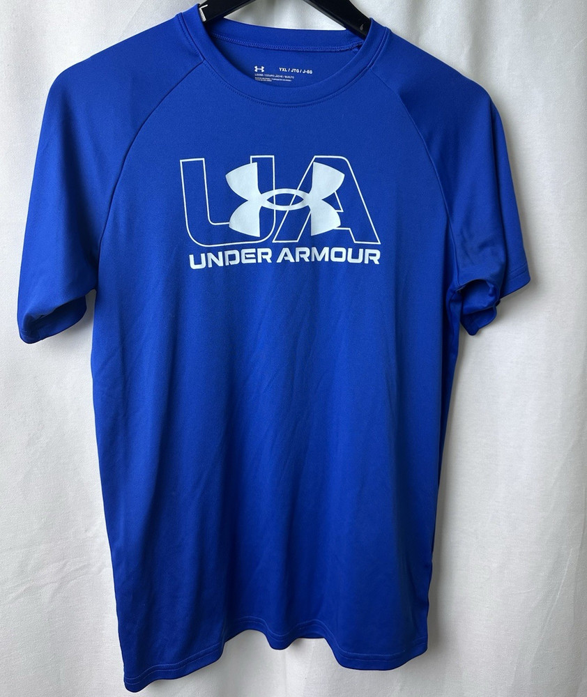 Under Armour UA Blue Short Sleeve Crew Neck Loose Fit T-Shirt YXL Polyester Logo