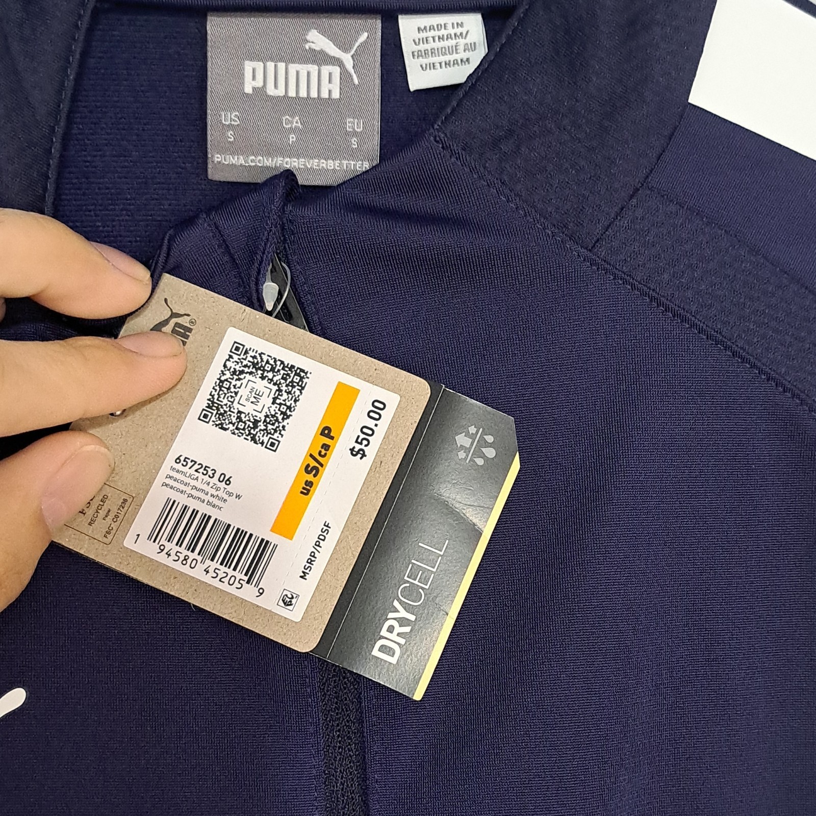 PUMA DryCell Navy White Soccer Jersey Mock Neck Zip Men's S Long Sleeve Pullover gallery