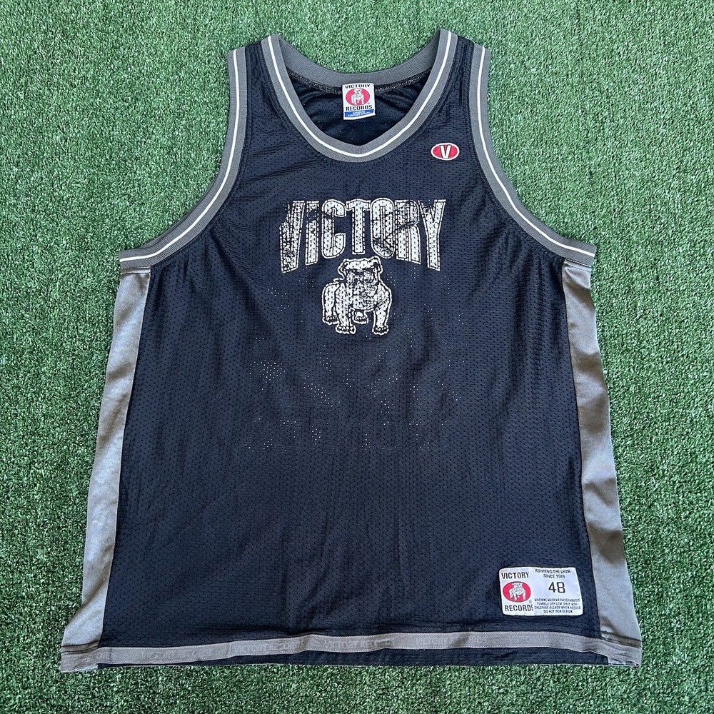 Vintage 90s Men's Victory Records Bulldog Logo Black Mesh Basketball Jersey 48