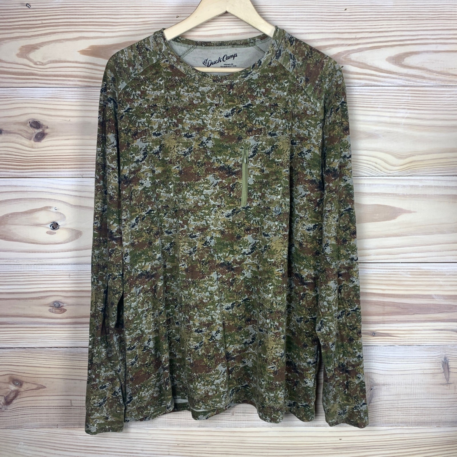 Duck Camp Wingshooting Shirt Mens XL Green Camo Long Sleeve Zip Pocket Hunting gallery