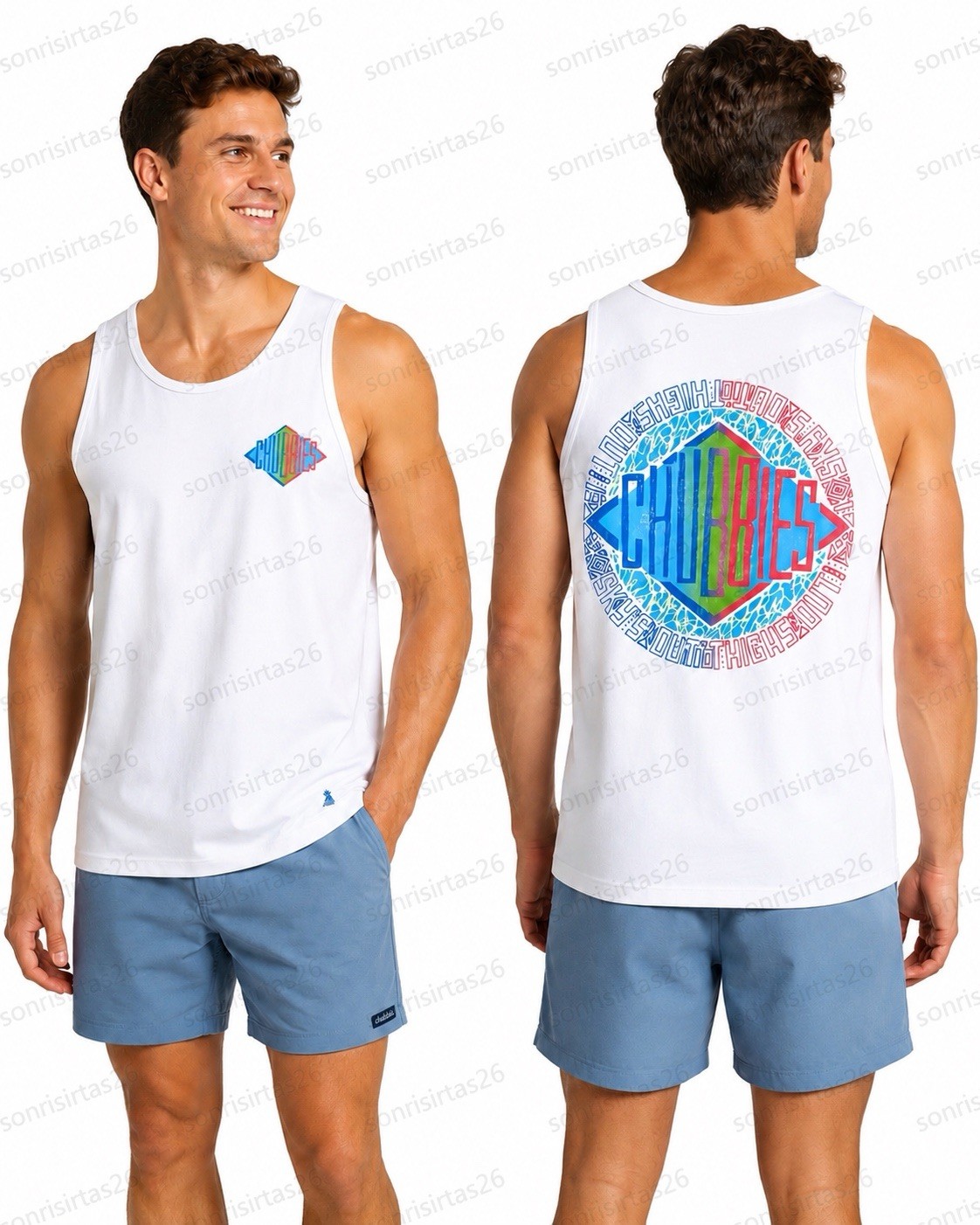 Chubbies Graphic Muscle Tank Retro Style Diamond Logo Size S White Coastal Beach gallery