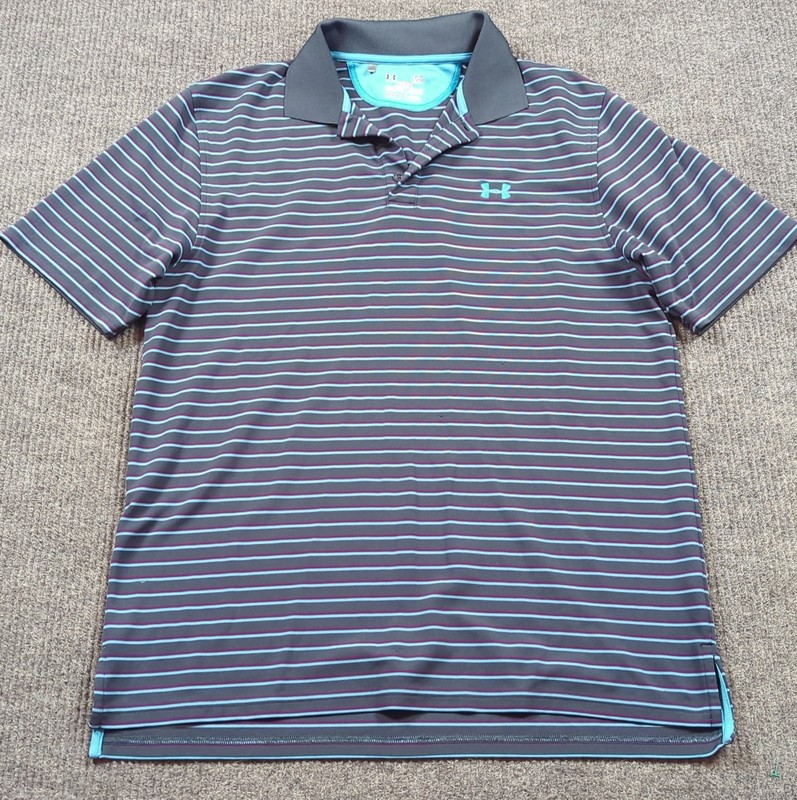 Under Armour Shirt Mens Large Gray Stripe Polo Short Sleeve Loose Fit Golf gallery