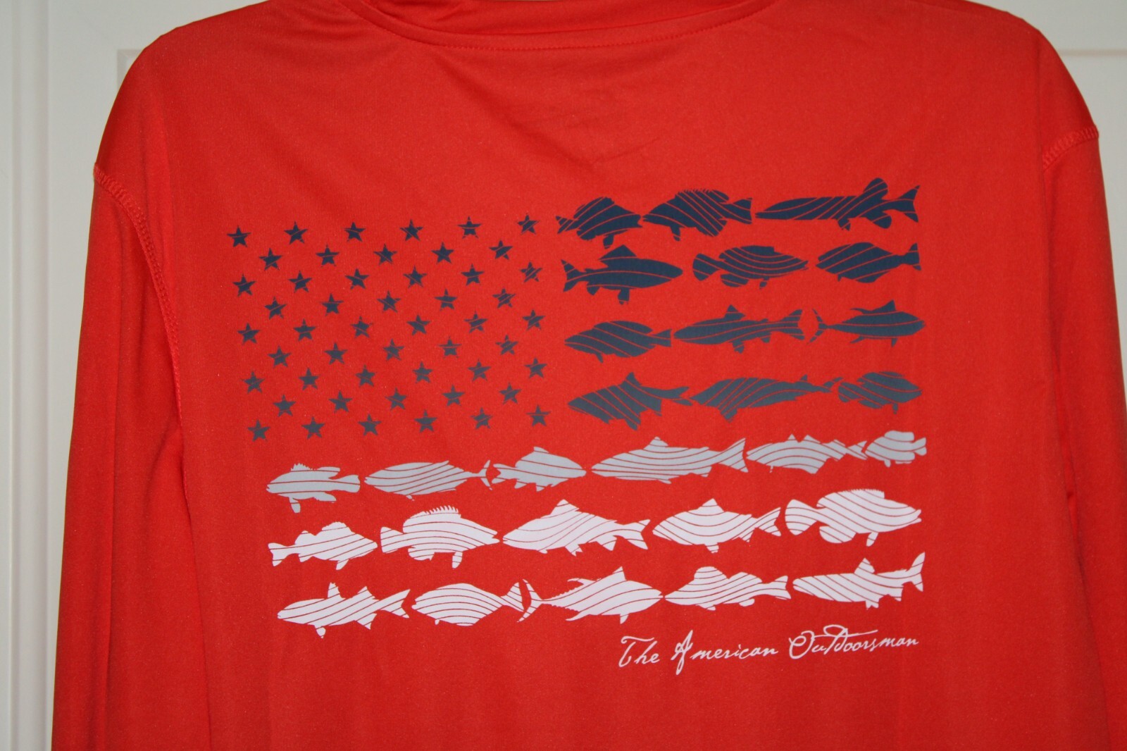NWT American Outdoorsman Patriotic Flag Men's Large Orange L/S Shirt UPF 30+ gallery
