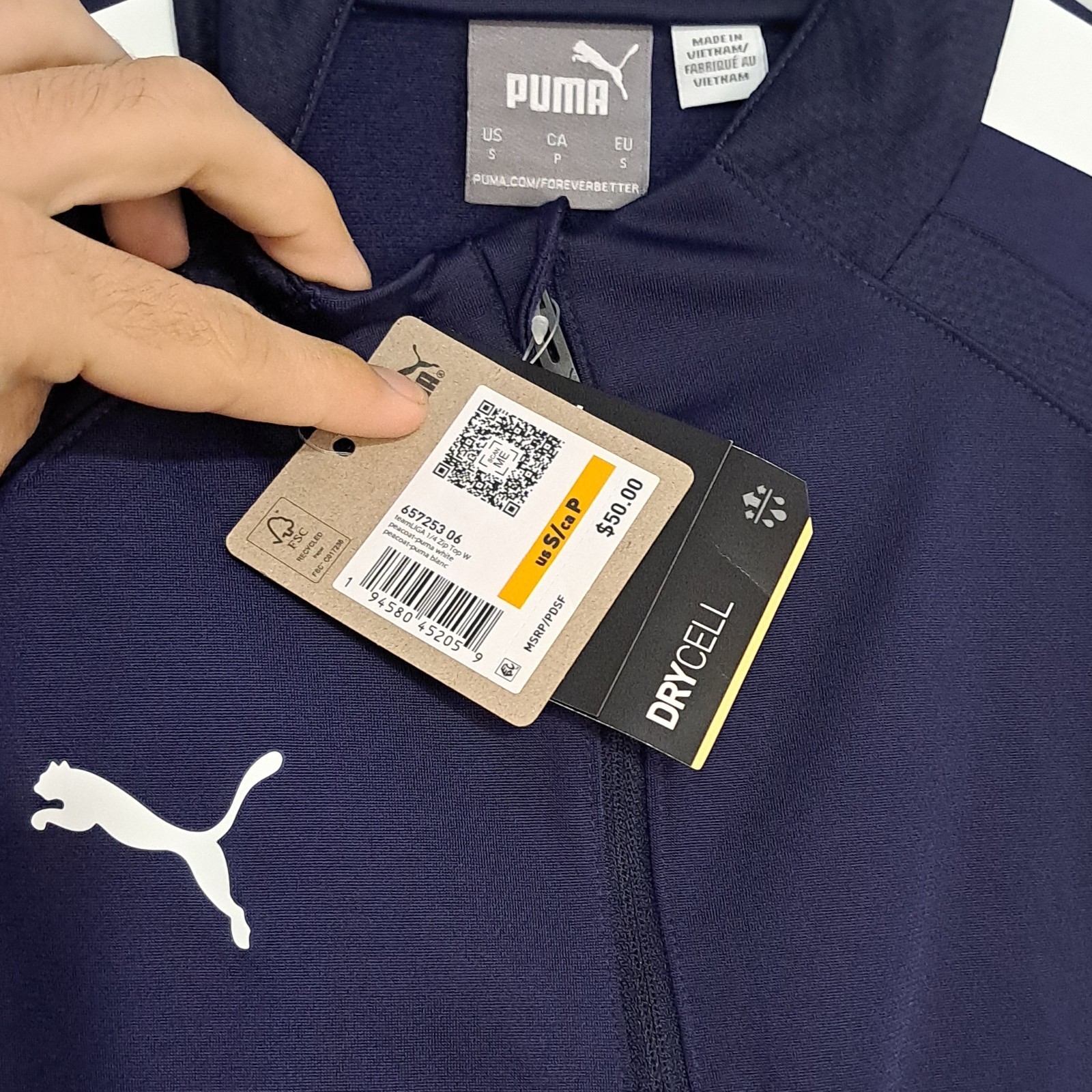 PUMA DryCell Navy White Soccer Jersey Mock Neck Zip Men's S Long Sleeve Pullover gallery