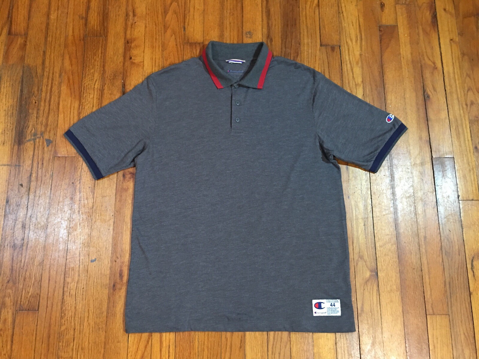 Champion Short Sleeve Men Golf Shirt Gray Red Knit Polo Style Size L Large VGC gallery