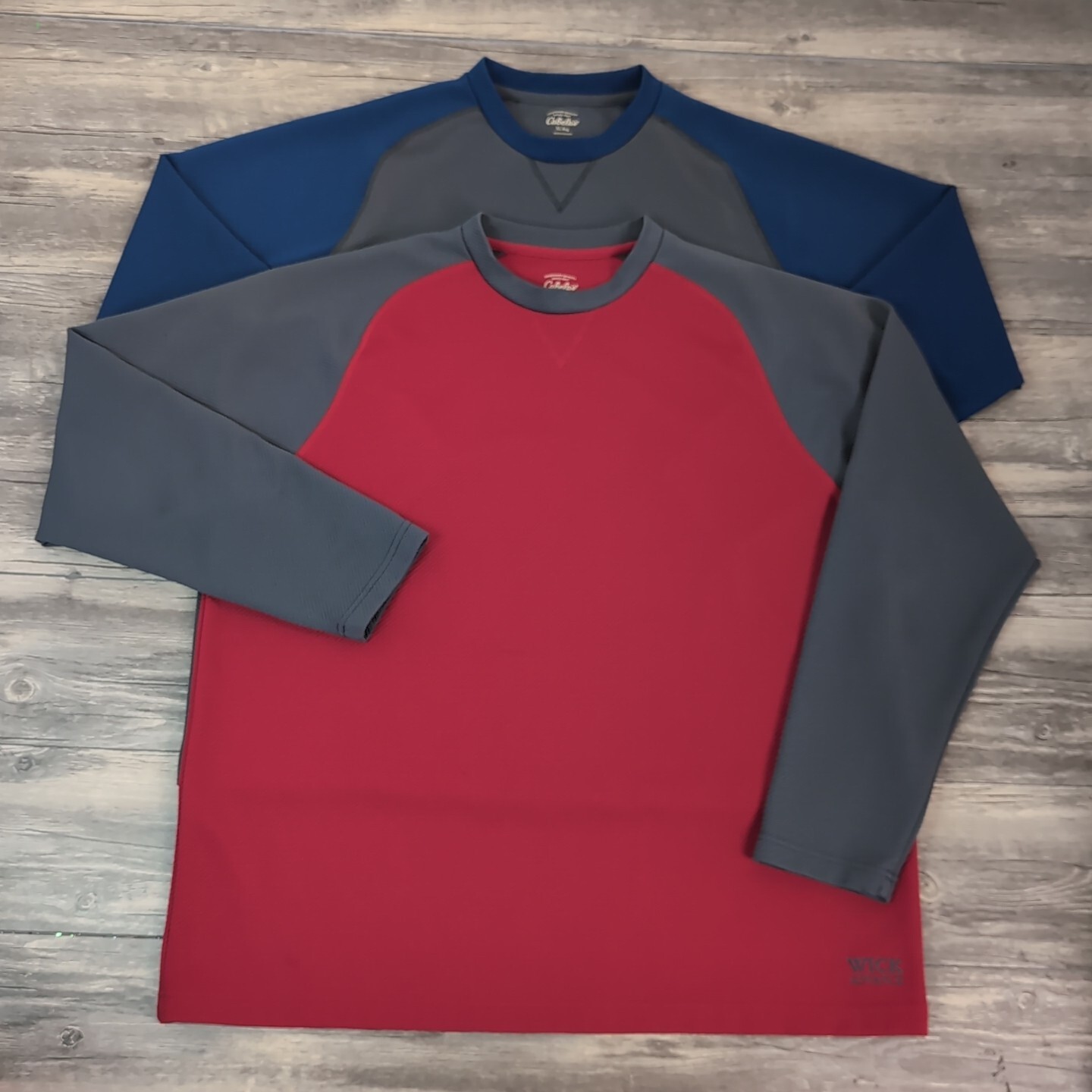2 CABELA'S Mens XL Long Sleeve Pullover Shirt Wick Advance Mesh Waffle Blue Red gallery