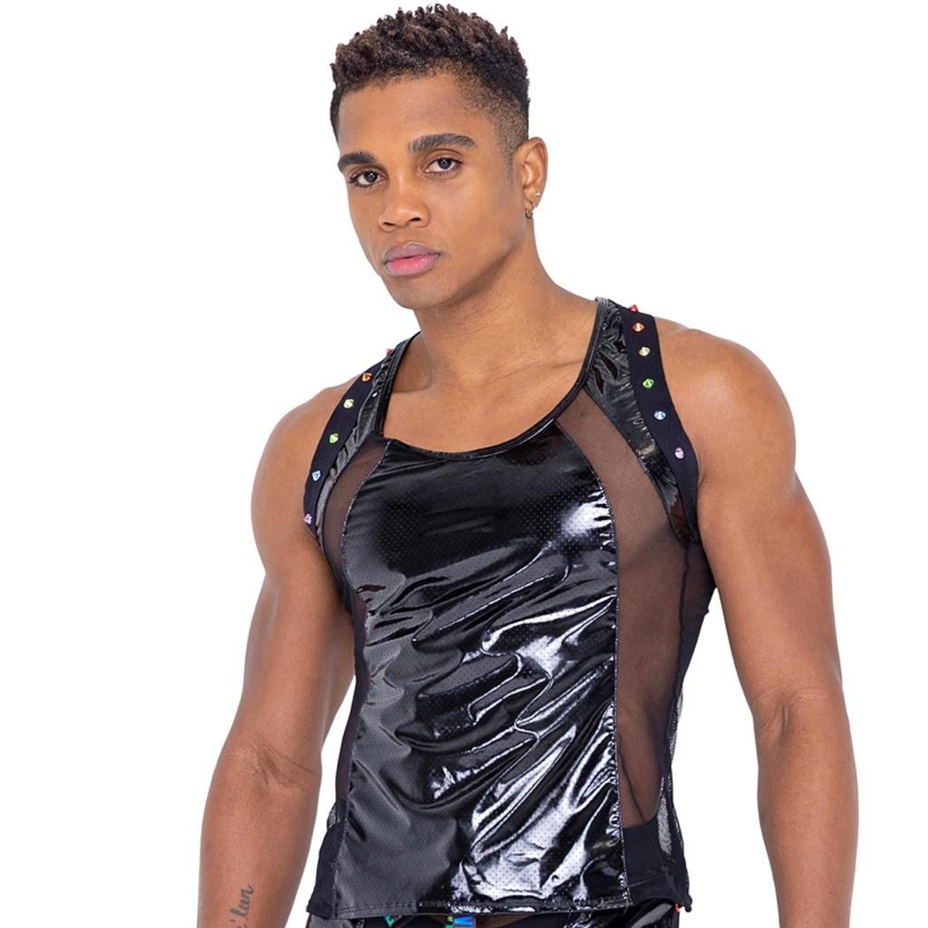 Vinyl Mesh Tank Top Rainbow Studs Racerback Fishnet Pride Black 6334 Small gallery