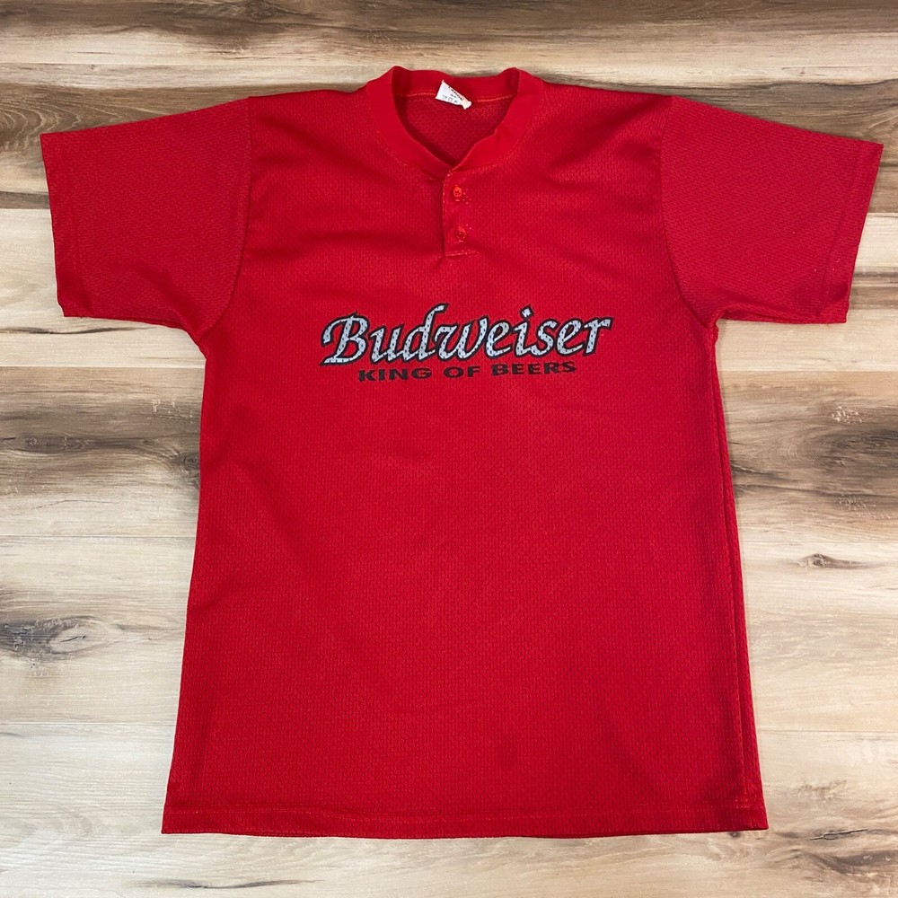 Vintage Budweiser Baseball Jersey Mens Large Red Henley Shirt USA Beer