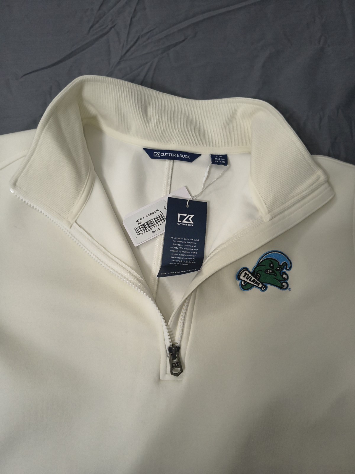 NWT Cutter & Buck Tulane Green Wave Stretch L White 1/4 Zip Pullover Sweatshirt gallery