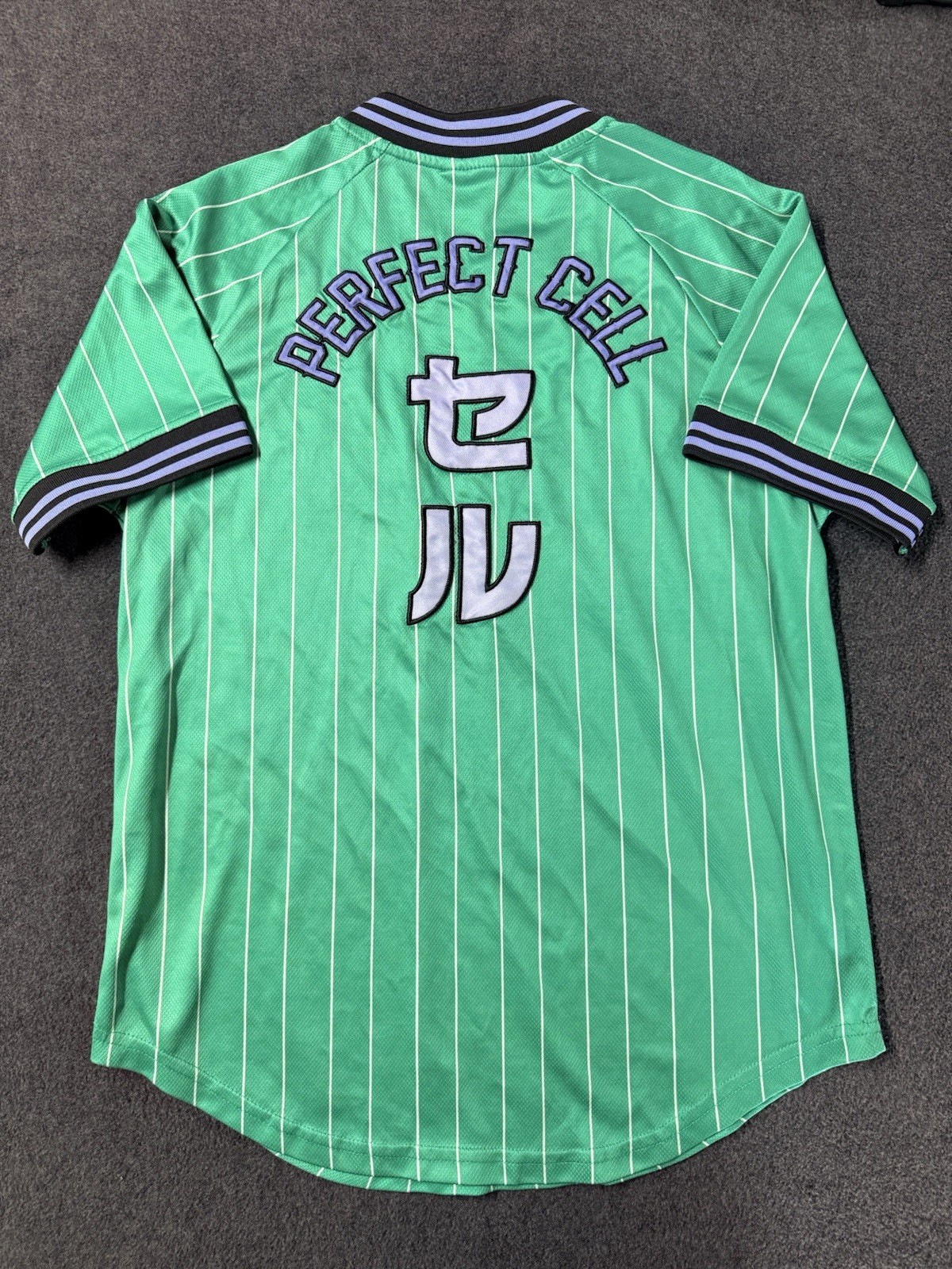 Dragon Ball Z BoxLunch Jersey Mens M Green Perfect Cell Pinstripe Baseball Shirt gallery