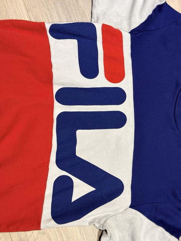 FILA Color Block Mens Short Sleeve Sz Medium M Spell Out - Red White Blue gallery